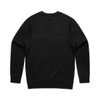 A black jumper features a simple and smooth design with a round neckline and long sleeves. It has a logo on the back.