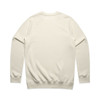 A cream-coloured sweater featuring a simple design and a branding logo on the back.