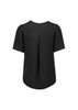A black women's short sleeve blouse featuring a pleat detail at the back and a smooth fabric finish.