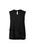 A black sleeveless blouse with a layered design and keyhole neckline. It features an interior logo.