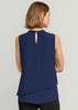 A navy blue sleeveless blouse with a layered design and a keyhole detail at the back. Features a branding logo.