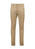 A pair of tan tapered stretch chino pants with a front pocket and a button closure.