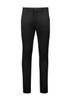 A pair of black tapered stretch chino pants featuring a front pocket and a button closure.