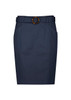 A mid-waist stretch chino skirt in navy blue with a belt featuring a circular buckle.