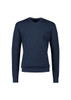A navy knitted jumper featuring a V-neck design and long sleeves, complete with a branded logo.