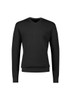 A black knitted jumper with a V-neck and long sleeves, featuring a fitted waist and subtle logo.