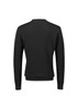 A black knitted jumper with long sleeves and a crew neck, featuring a smooth texture and a fitted silhouette.