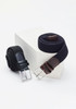 A dark blue braided belt and a black woven belt both featuring silver buckles, displayed on a white pedestal.