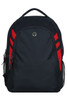 A black backpack with red accents and mesh side pockets, featuring a logo on the front.