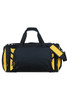 A black duffle bag with yellow accents, featuring two handles and a detachable shoulder strap, along with zippers and a logo.