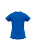 A women's short sleeve tee in vibrant blue, displaying a simple design with a logo.