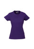 A purple women's short sleeve tee with a fitted style and a logo on the label.