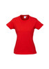 A red women's short sleeve tee with a fitted design and a small logo on the label.