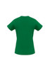 A green women's short sleeve tee with a simple design and a logo on the back.
