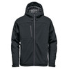 A black insulated softshell jacket with a hood and multiple pockets, featuring a logo on the chest.