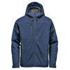 Men's insulated softshell jacket in navy blue with a hood and zipped pockets, featuring a logo.