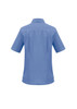 A blue women's overblouse with short sleeves and a collar, featuring a branded logo on the back.