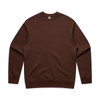 A brown sweater with long sleeves and a round neckline, featuring a logo on the inside label.
