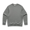 A grey jumper with a classic crew neckline and long sleeves. The garment has a smooth texture and features a logo.