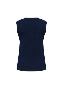 A navy women's V-neck knit vest with no sleeves, featuring a simple design and a logo on the back.