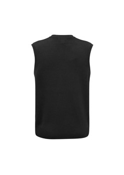 A black men's woolmix knit vest with a sleeveless design and ribbed detailing at the hem.