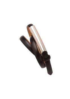 A black women's slimline belt featuring a metallic silver accent and a sleek design.