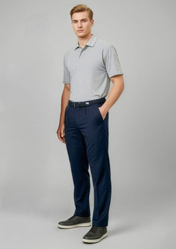 Men's navy trousers, styled with a grey polo shirt and a black belt, featuring a logo on the garment.