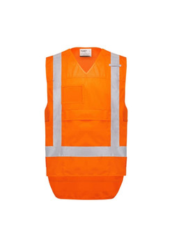 A high visibility orange unisex vest with reflective strips, featuring a front pocket and no sleeves.