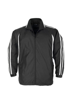 A black track jacket featuring white stripes along the sleeves and a logo on the front.