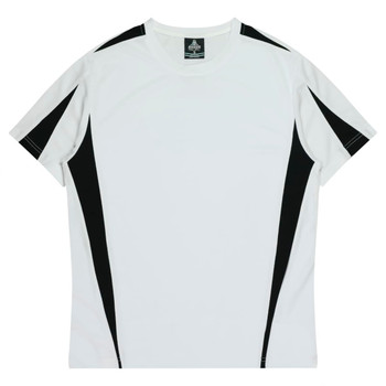 A white T-shirt with black accents on the sides and a logo on the label.