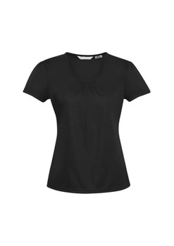 A black women's chic top with short sleeves and a scoop neck design. It has a branding logo on the tag.