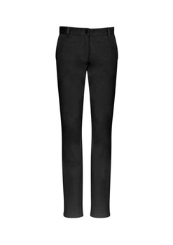 A pair of black chino pants for women, featuring a slim fit and traditional design, with a logo on the waistband.