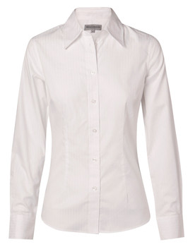 White - Front - M8100L - Women's Self Stripe L/S Shirt