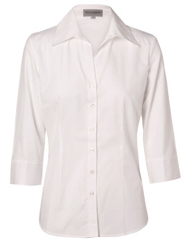 White - Front - M8100Q - Women's Self Stripe 3/4 Sleeve Shirt
