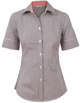 Navy / White - Front - M8330S - Women's Gingham Check S/S Shirt