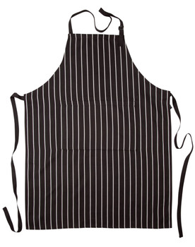 A black and white striped butcher's apron featuring a front pocket and adjustable ties.