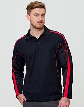 A long sleeve men's polo shirt in black with red accents and a logo.