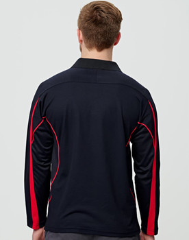 A men's long sleeve polo shirt in black with red accents, featuring a collar and a logo.