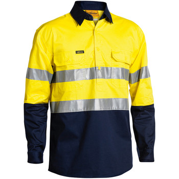 Yellow / Navy - Front - BSC6896 - Taped Hi Vis Closed Front Cool Lightweight Shirt - Bisley Workwear