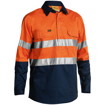 Orange / Navy - Front - BSC6896 - Taped Hi Vis Closed Front Cool Lightweight Shirt - Bisley Workwear