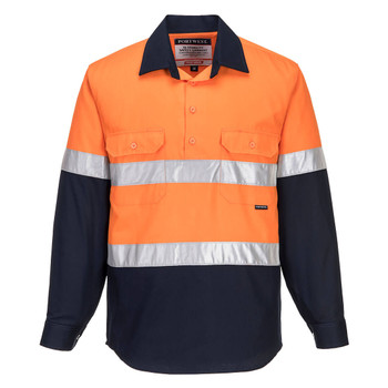 Orange / Navy - Front - MC101 - Hobart Hi-Vis Contrast 1/2 Button Shirt L/S