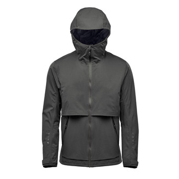 A men's technical rain jacket in dark grey, featuring a hood and a zip front, with a logo detail. A men's technical rain jacket in dark grey, featuring a hood and a zip front, with a logo detail.