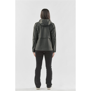 A women's rain jacket in dark grey, featuring a hood and a branded logo, displayed from the back. A women's rain jacket in dark grey, featuring a hood and a branded logo, displayed from the back.
