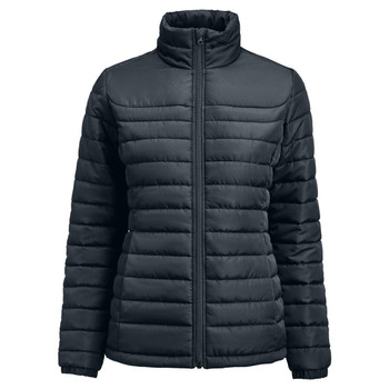 A women's padded puffer jacket in dark grey with a high collar and zipped front. Features vertical quilted sections and branding. A women's padded puffer jacket in dark grey with a high collar and zipped front. Features vertical quilted sections and branding.