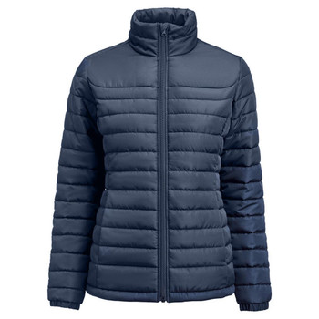 A navy blue women's padded jacket with a zip front and high collar, featuring horizontal stitching and a logo. A navy blue women's padded jacket with a zip front and high collar, featuring horizontal stitching and a logo.