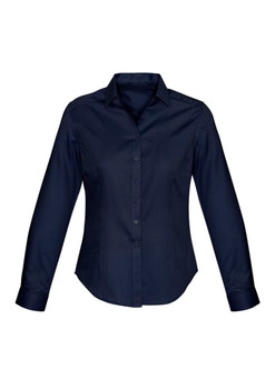 A ladies' long sleeve shirt in navy blue with a button-up front and a collar, featuring a logo.