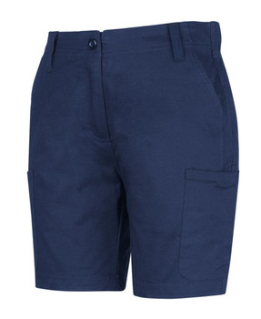 Ladies' multi-pocket stretch twill shorts in navy, featuring two side pockets and two cargo pockets.