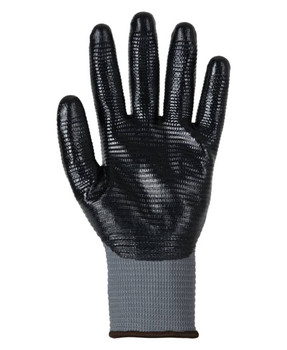 A grey and black nitrile gripper glove with a textured surface and a knitted wrist cuff. Features a logo.