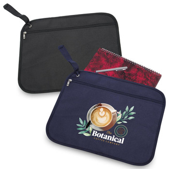 A navy and black satchel with a zip, featuring a logo and a pocket holding a notepad and pen.