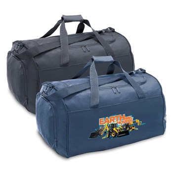 Two duffle bags in navy blue and black, one featuring a logo, with double handles for carrying.